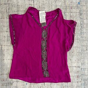 NWT Parker 100% Silk Cold Shoulder Tunic Top Magenta Pink Purple Beaded Size S
